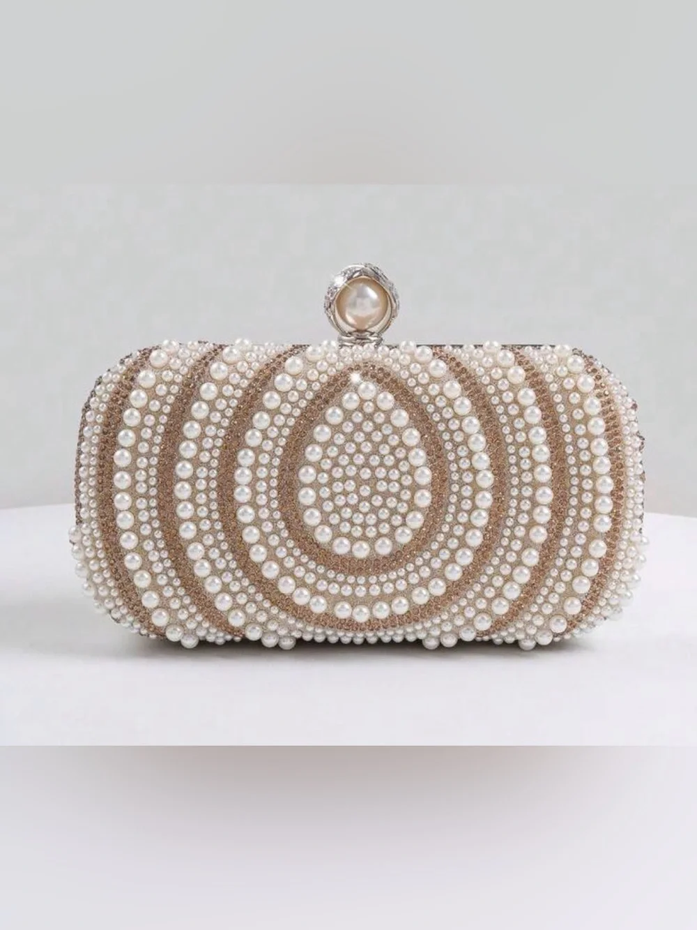 Pearl & Crystal Embellished Clutch - Champagne